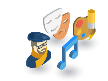 Die Illustration zeigt einen Mann mit Baskenmütze und Schal, eine Note, einen Pinsel und eine Farbpalette sowie zwei Masken.