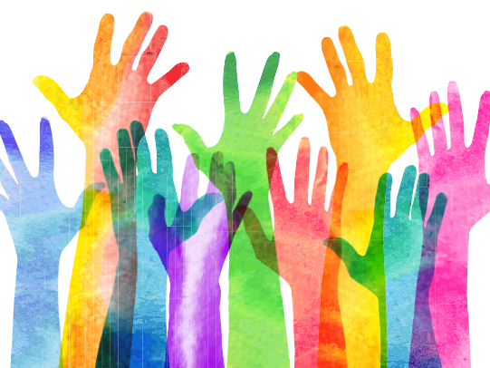 Bild mit vielen bunten Händen, die sich nach oben strecken.